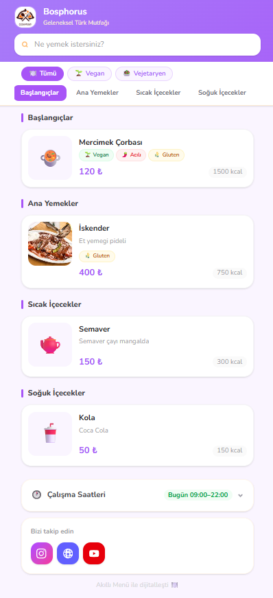 QR dijital menü — Bosphorus restoranı örnek menüsü, kategoriler, fotoğraflı ürünler ve fiyatlarla telefon görünümü